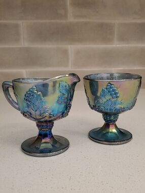 Indiana Carnival Glass Blue Colony Harvest Creamer & Sugar Bowl